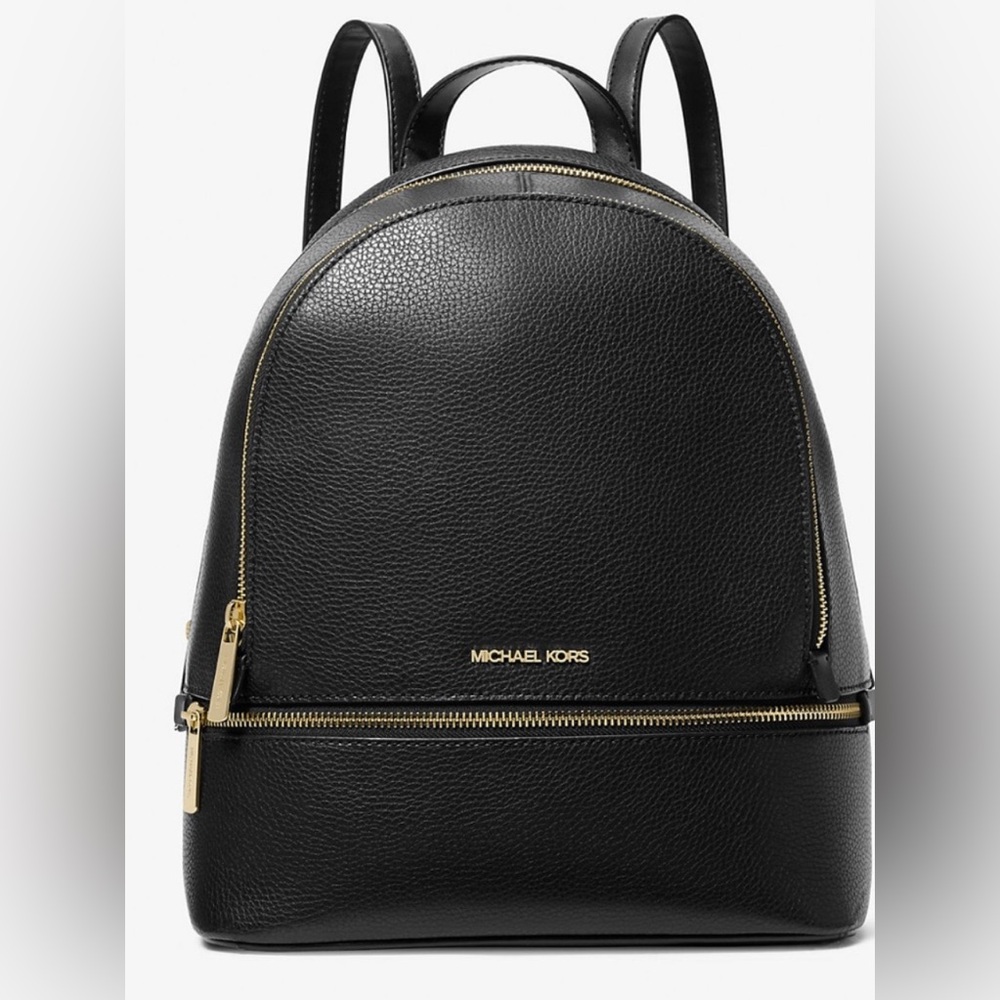Michael Kors Black Pebbled Leather Backpack with Gold Zippers